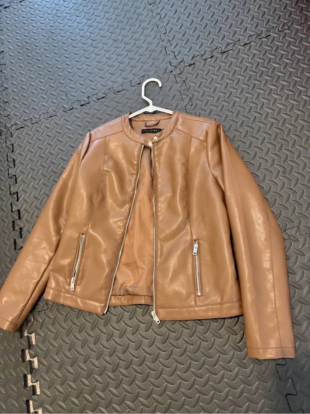 Alfani Women's Cognac Faux Leather Collarless Moto Jacket